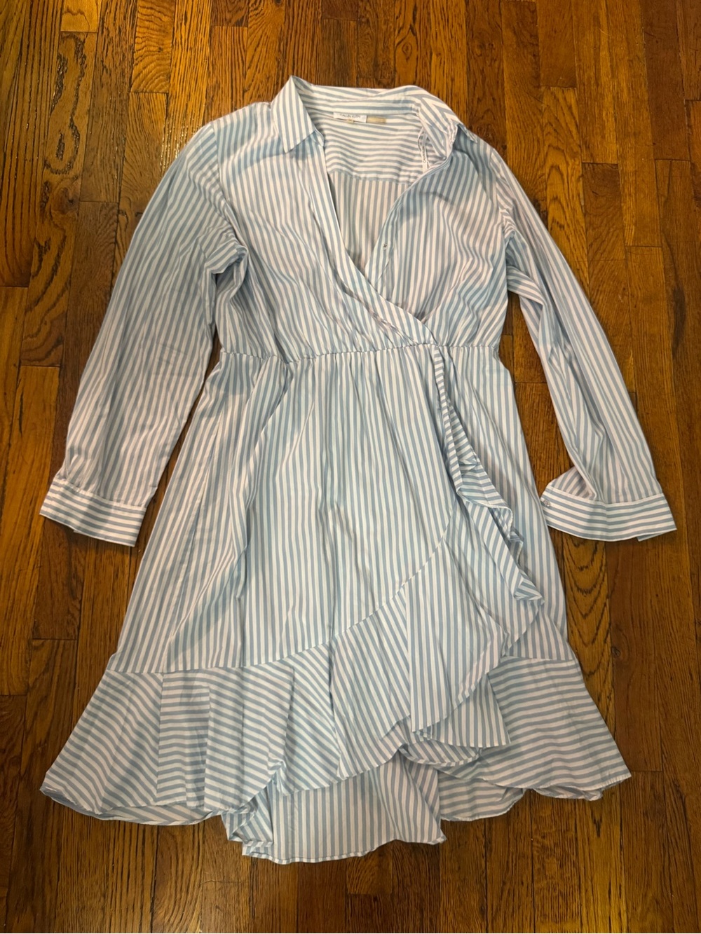 Calvin Klein Women’s Blue and White Stripe Faux Wrap Shirt Dress